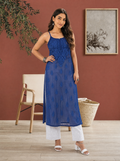 Aachhri Viscose Chikankari Women's Long Kurta - Indigo - front full