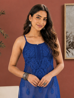 Aachhri Viscose Chikankari Women's Long Kurta - Indigo - front zoom
