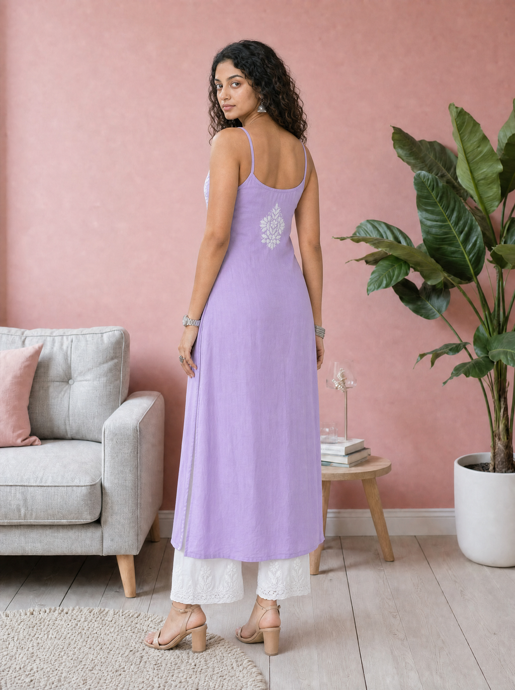 Aachhri Rayon Chikankari Women's Long Kurta - Lilac - back full