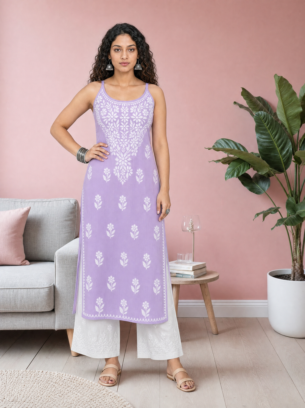 Aachhri Rayon Chikankari Women's Long Kurta - Lilac - front full