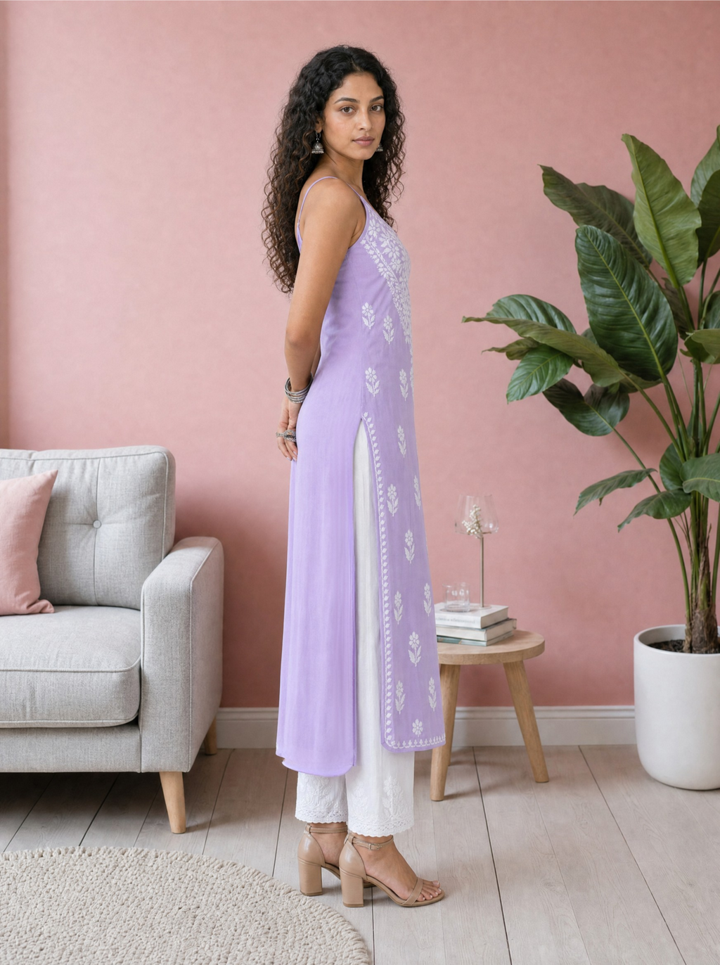 Aachhri Rayon Chikankari Women's Long Kurta - Lilac - side full