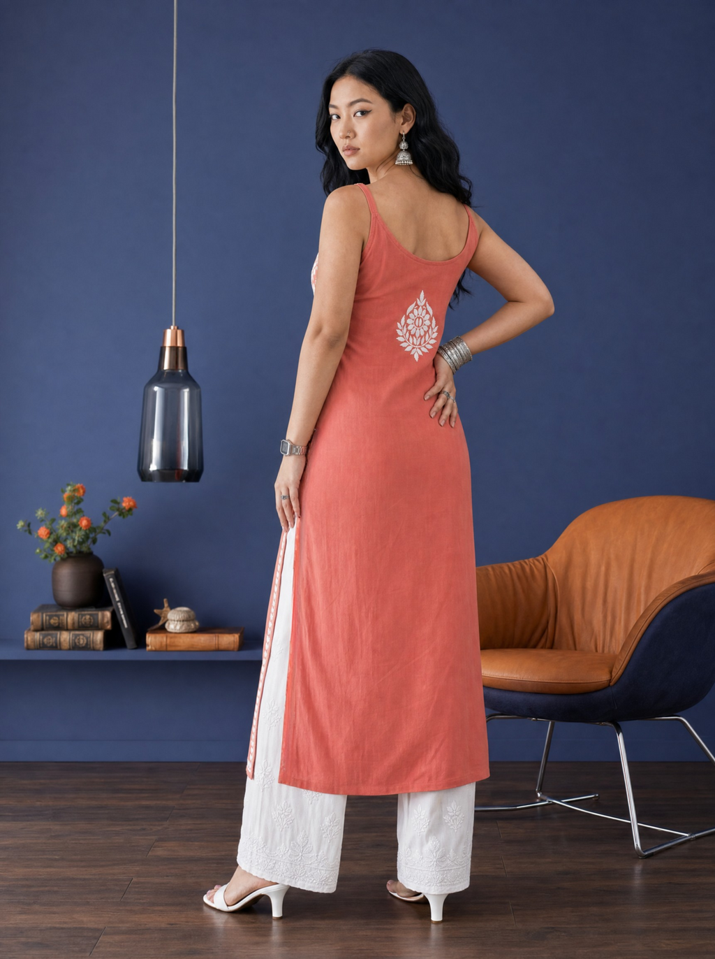 Aachhri Rayon Chikankari Women's Long Kurta - Coral - back full