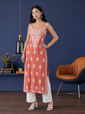 Aachhri Rayon Chikankari Women's Long Kurta - Coral - front full