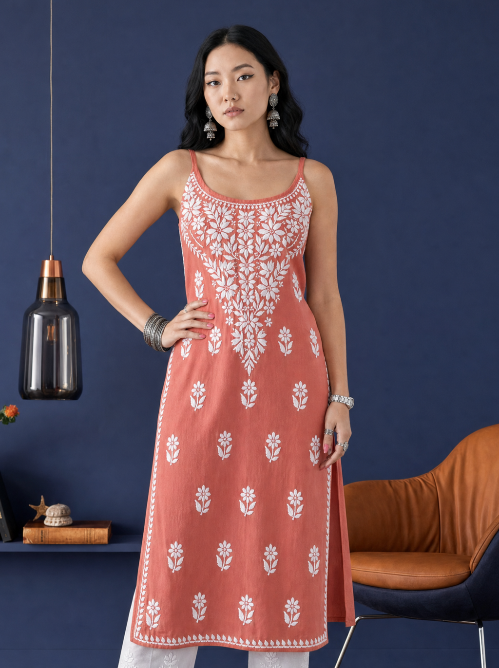Aachhri Rayon Chikankari Women's Long Kurta - Coral - front full 2