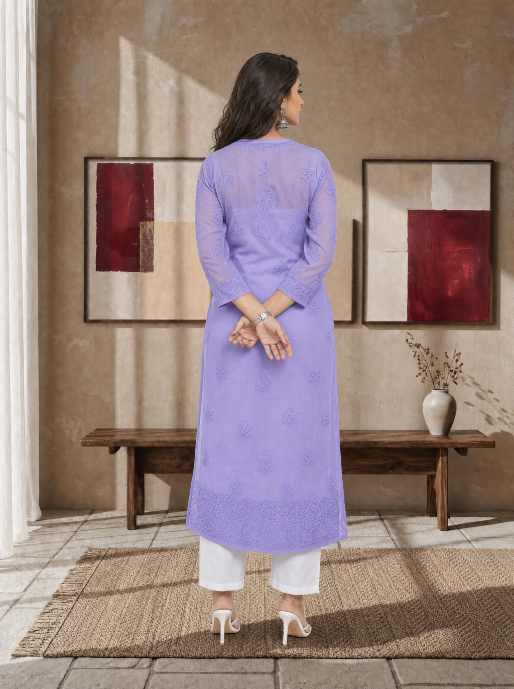 Aachhri Georgette Chikankari Women's Long Kurta - Lavender - back full