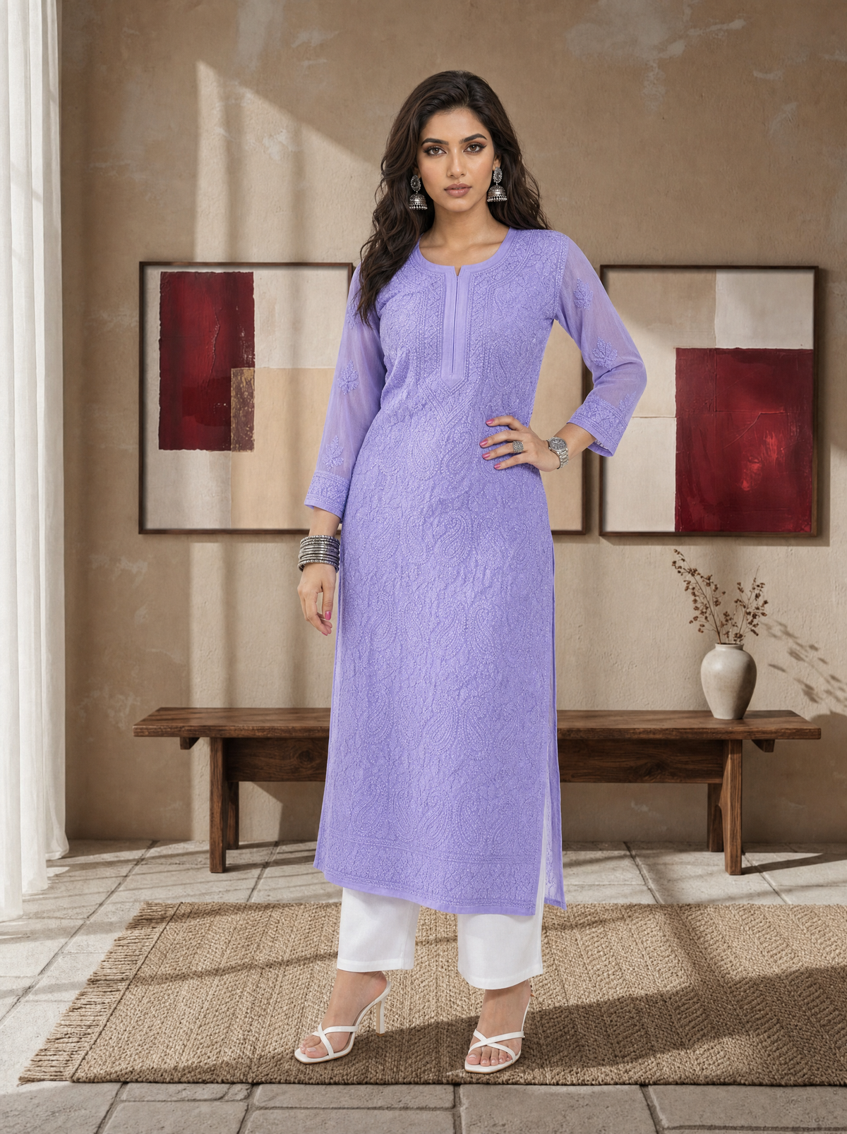 Aachhri Georgette Chikankari Women's Long Kurta - Lavender - front full