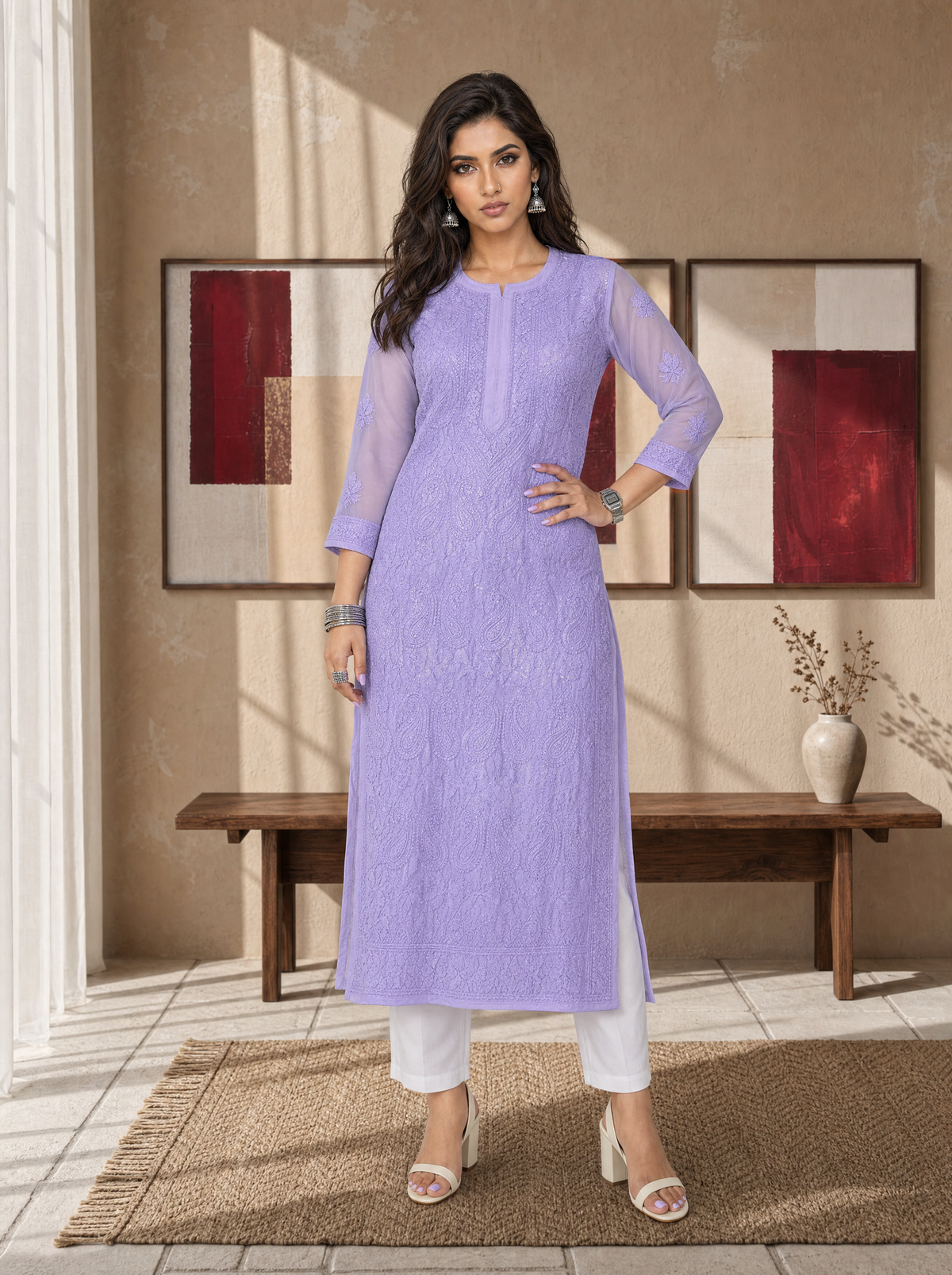 Aachhri Georgette Chikankari Women's Long Kurta - Lavender - front full 2