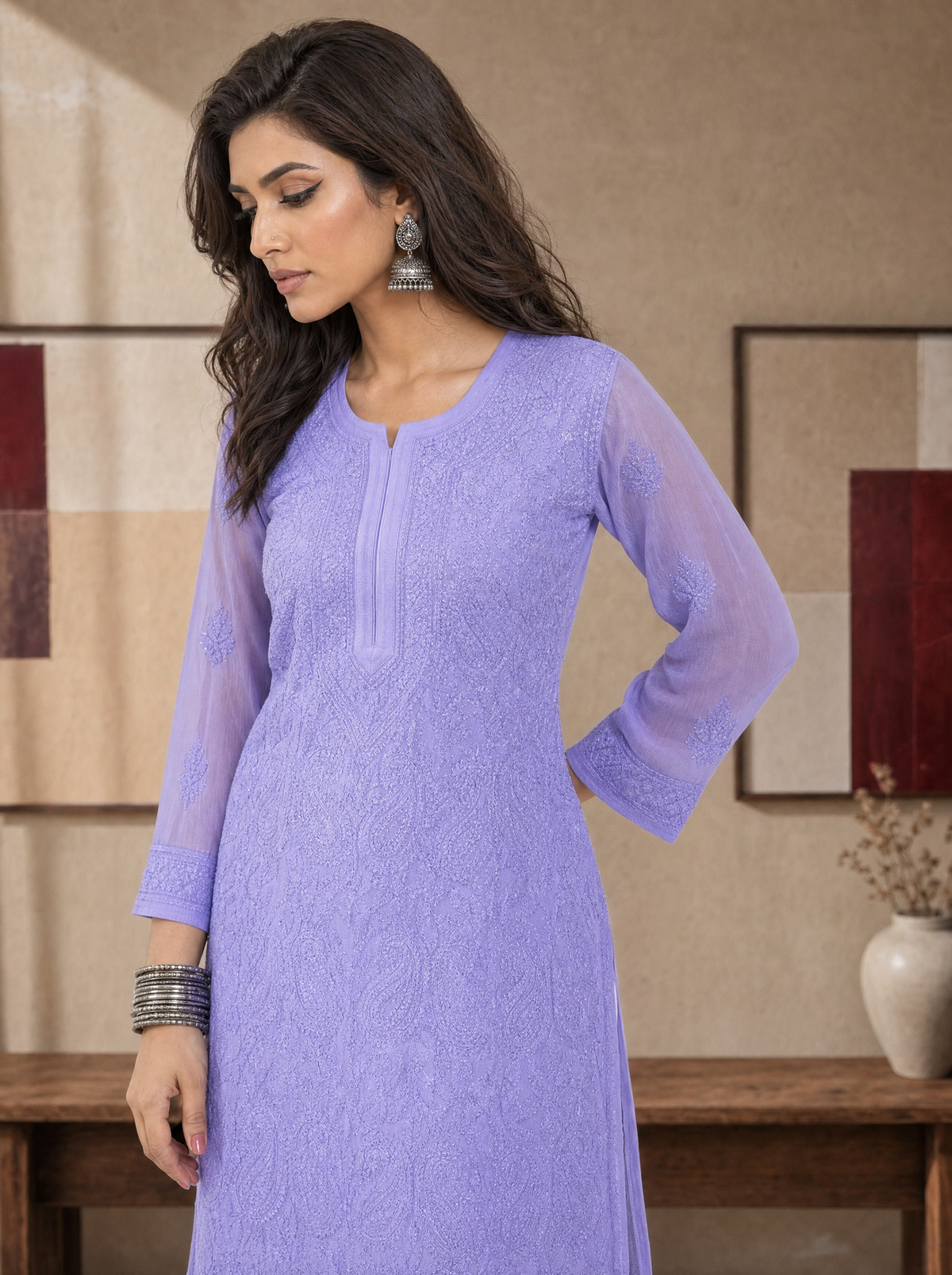 Aachhri Georgette Chikankari Women's Long Kurta - Lavender - front zoom