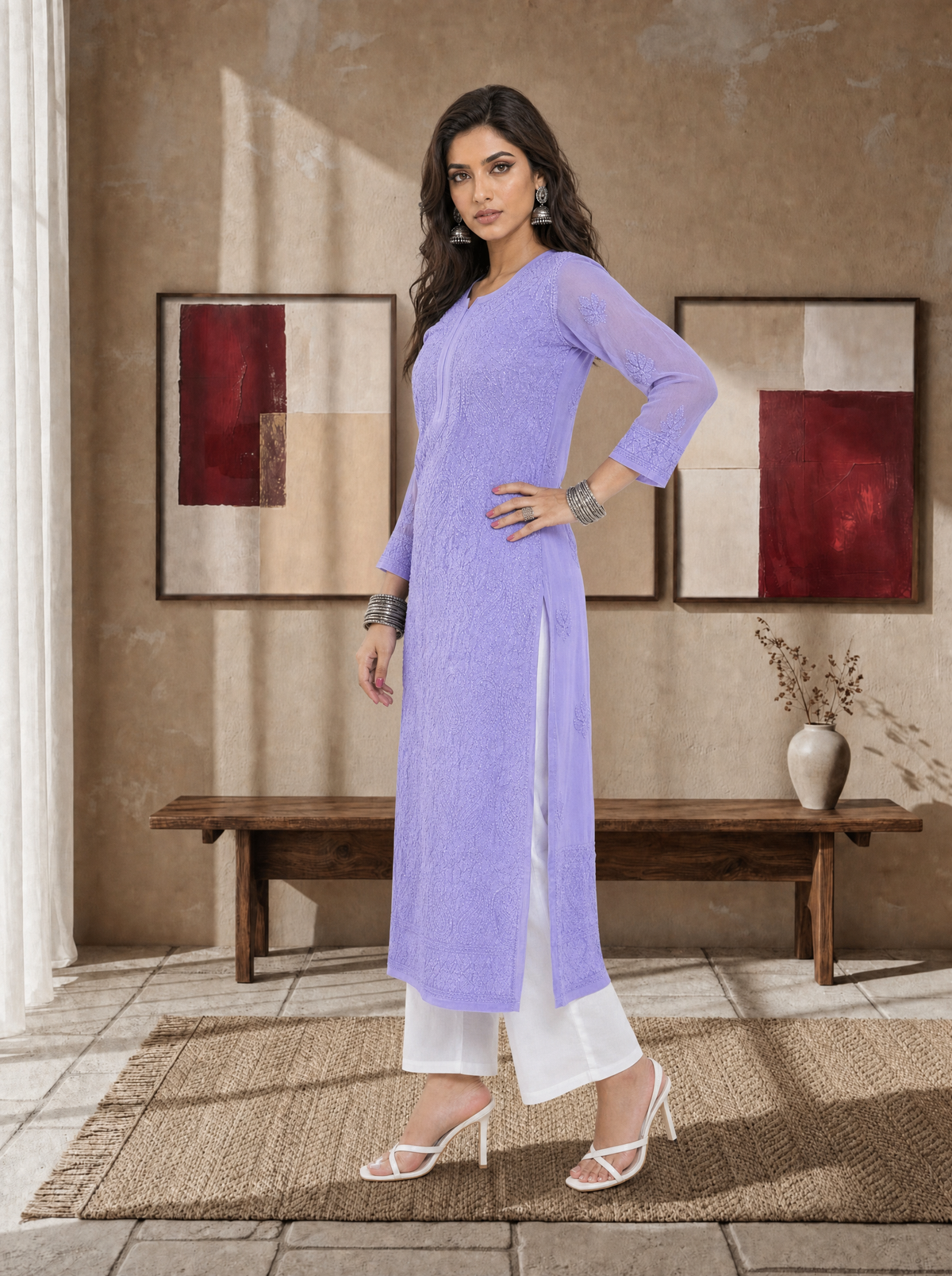 Aachhri Georgette Chikankari Women's Long Kurta - Lavender - side full
