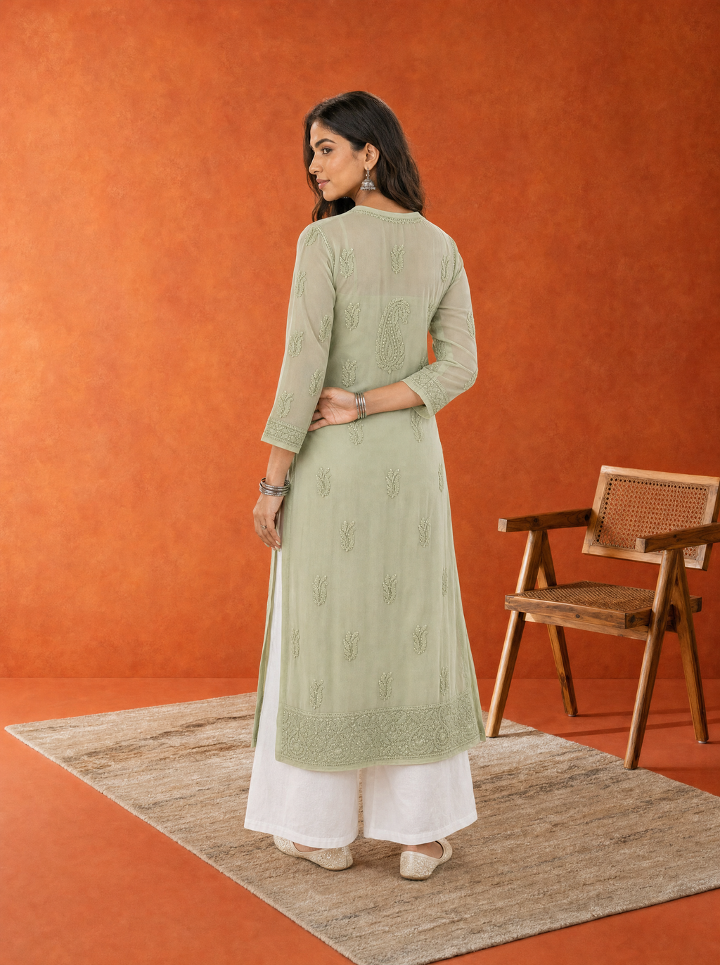 Aachhri Georgette Chikankari Women's Long Kurta - Sage Green - back full