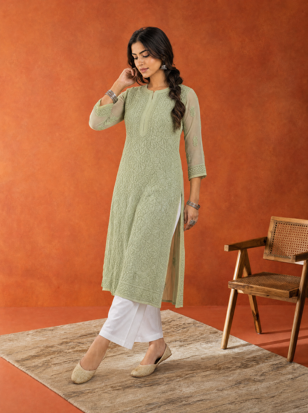Aachhri Georgette Chikankari Women's Long Kurta - Sage Green - front full