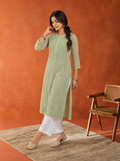 Aachhri Georgette Chikankari Women's Long Kurta - Sage Green - front full