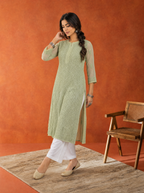 Aachhri Georgette Chikankari Women's Long Kurta - Sage Green - front full