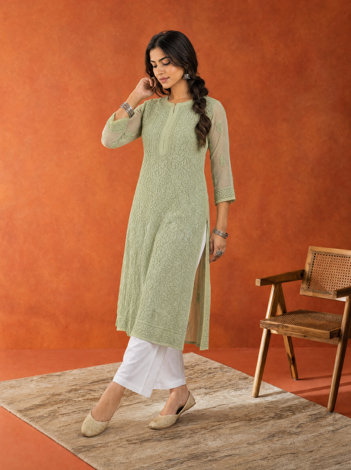 Aachhri Georgette Chikankari Women's Long Kurta - Sage Green - front full