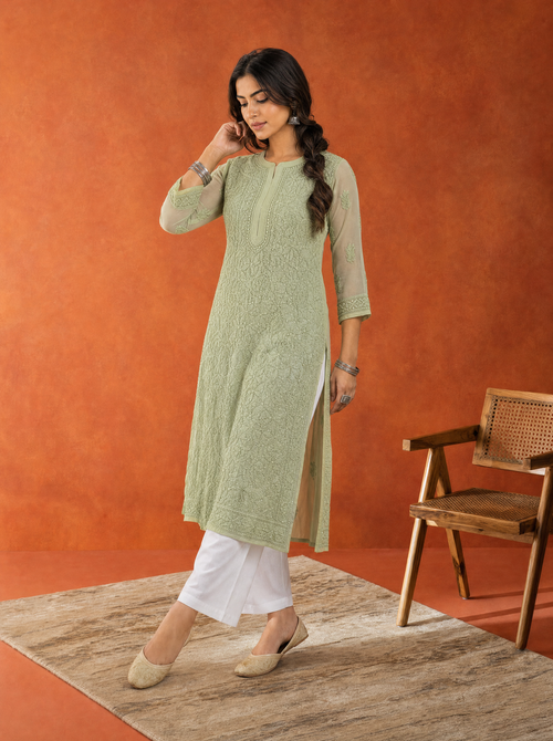 Aachhri Georgette Chikankari Women's Long Kurta - Sage Green - front full