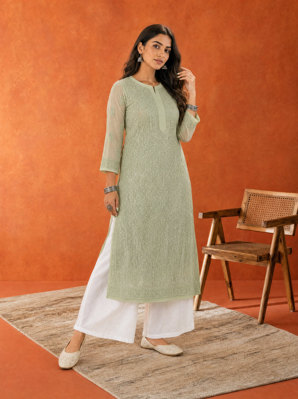 Aachhri Georgette Chikankari Women's Long Kurta - Sage Green - front full 2