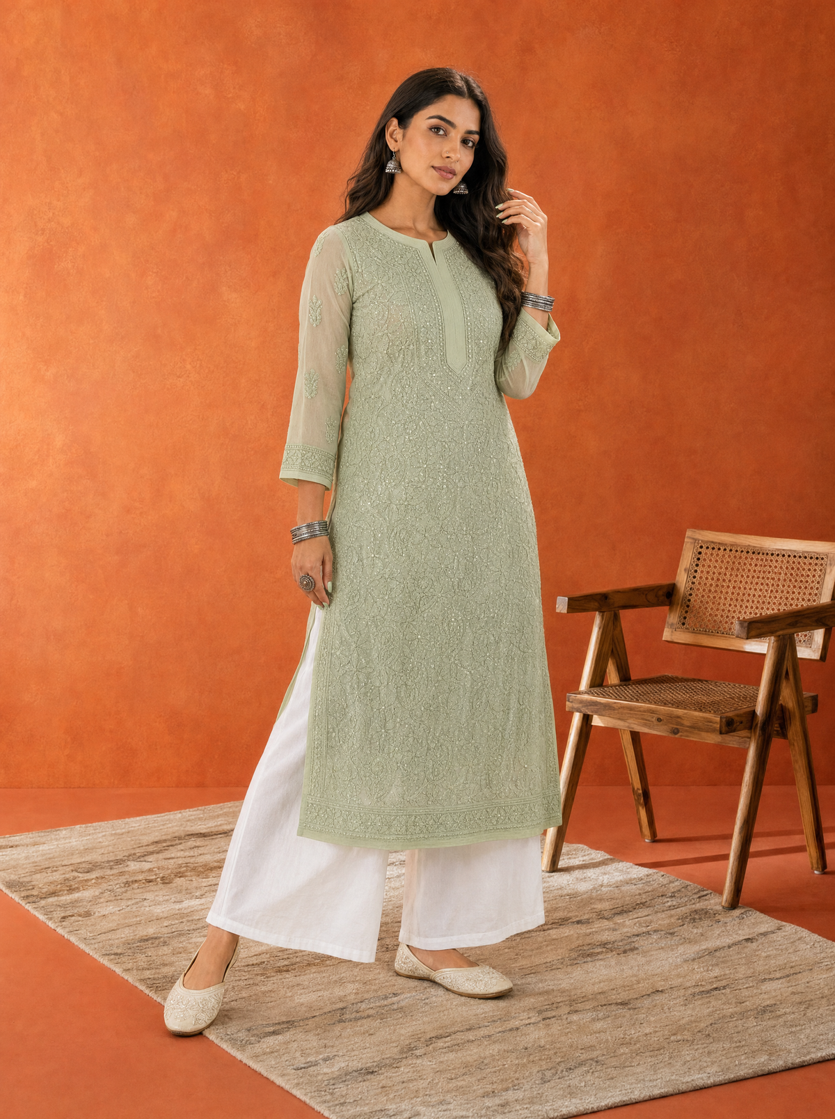 Aachhri Georgette Chikankari Women's Long Kurta - Sage Green - front full 2