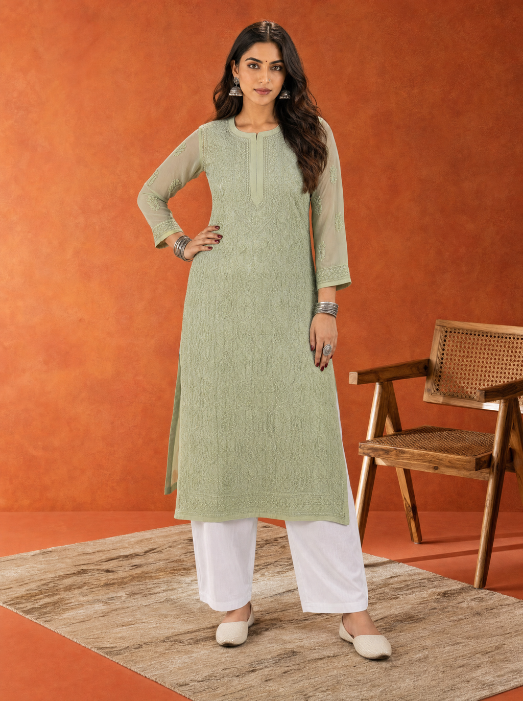 Aachhri Georgette Chikankari Women's Long Kurta - Sage Green - front full 3