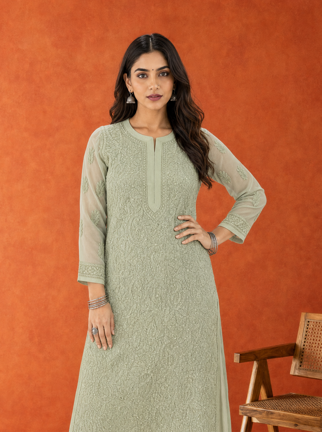 Aachhri Georgette Chikankari Women's Long Kurta - Sage Green - front zoom