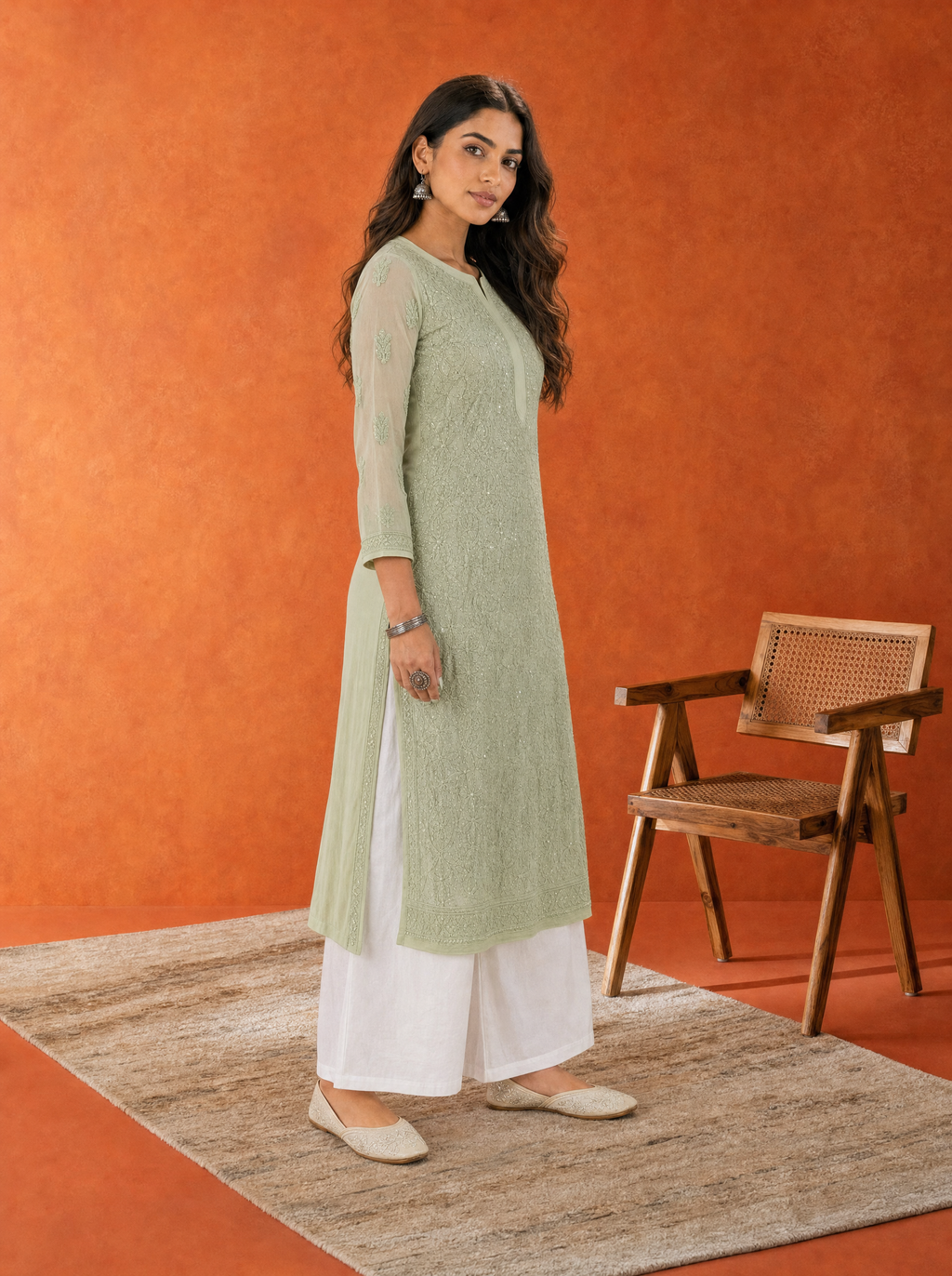 Aachhri Georgette Chikankari Women's Long Kurta - Sage Green - side full