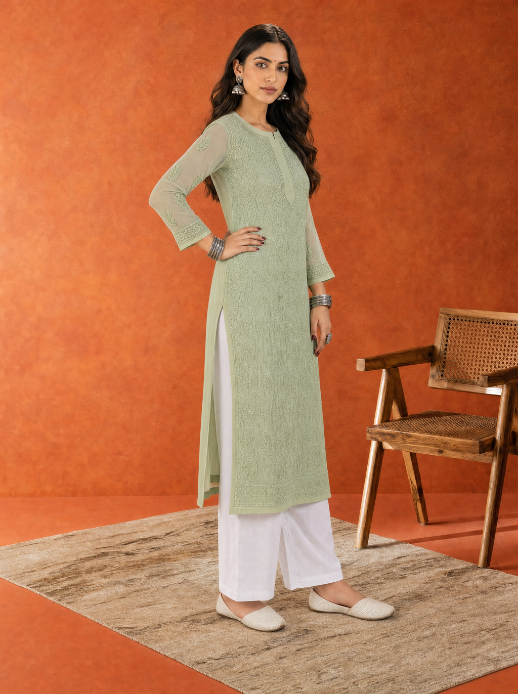 Aachhri Georgette Chikankari Women's Long Kurta - Sage Green - side full 2