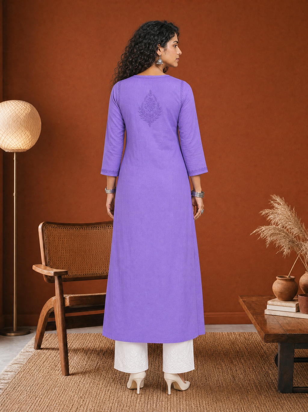 Aachhri Muslin Chikankari Women's Long Kurta - Violet - back full