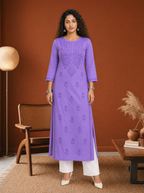 Aachhri Muslin Chikankari Women's Long Kurta - Violet - front full