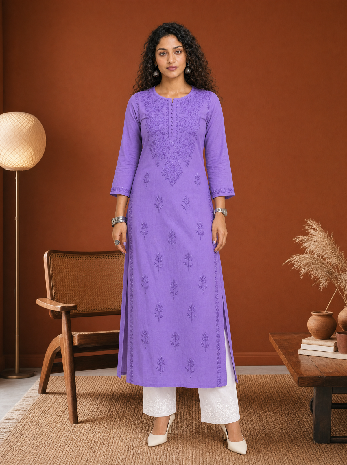 Aachhri Muslin Chikankari Women's Long Kurta - Violet - front full