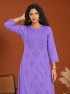 Aachhri Muslin Chikankari Women's Long Kurta - Violet - front zoom