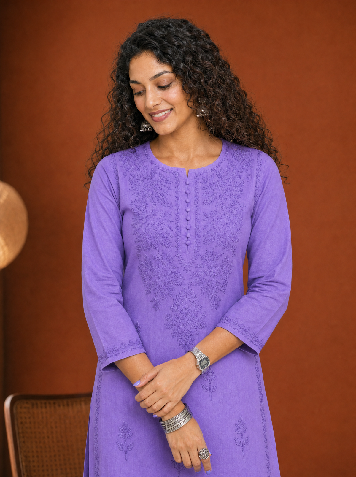 Aachhri Muslin Chikankari Women's Long Kurta - Violet - front zoom 2