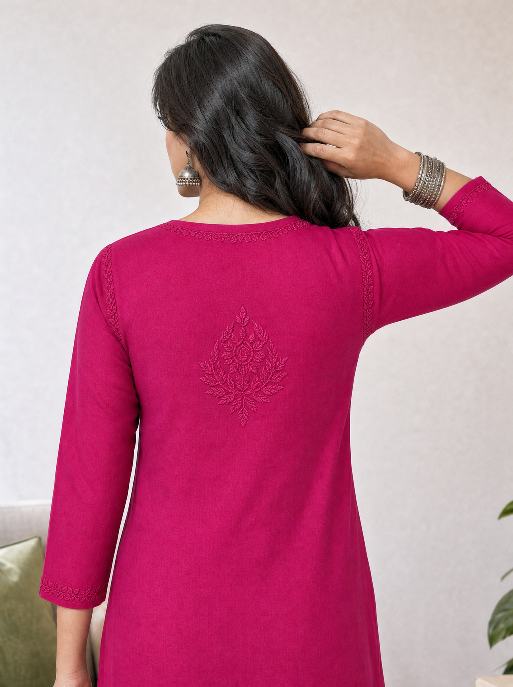 Aachhri Muslin Chikankari Women's Long Kurta - Magenta - back zoom