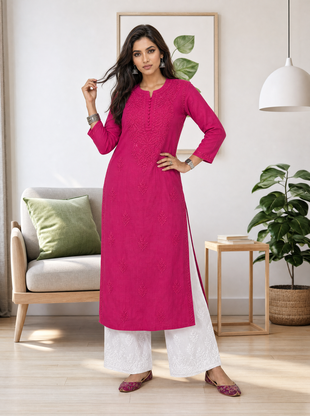 Aachhri Muslin Chikankari Women's Long Kurta - Rani Pink - front full