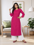 Aachhri Muslin Chikankari Women's Long Kurta - Rani Pink - front full