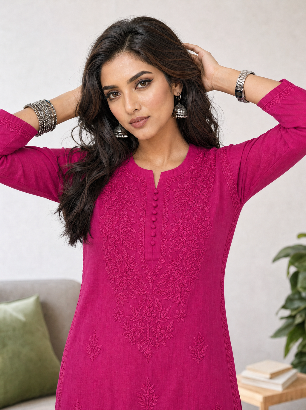 Aachhri Muslin Chikankari Women's Long Kurta - Magenta - front zoom