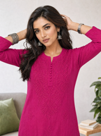 Aachhri Muslin Chikankari Women's Long Kurta - Magenta - front zoom