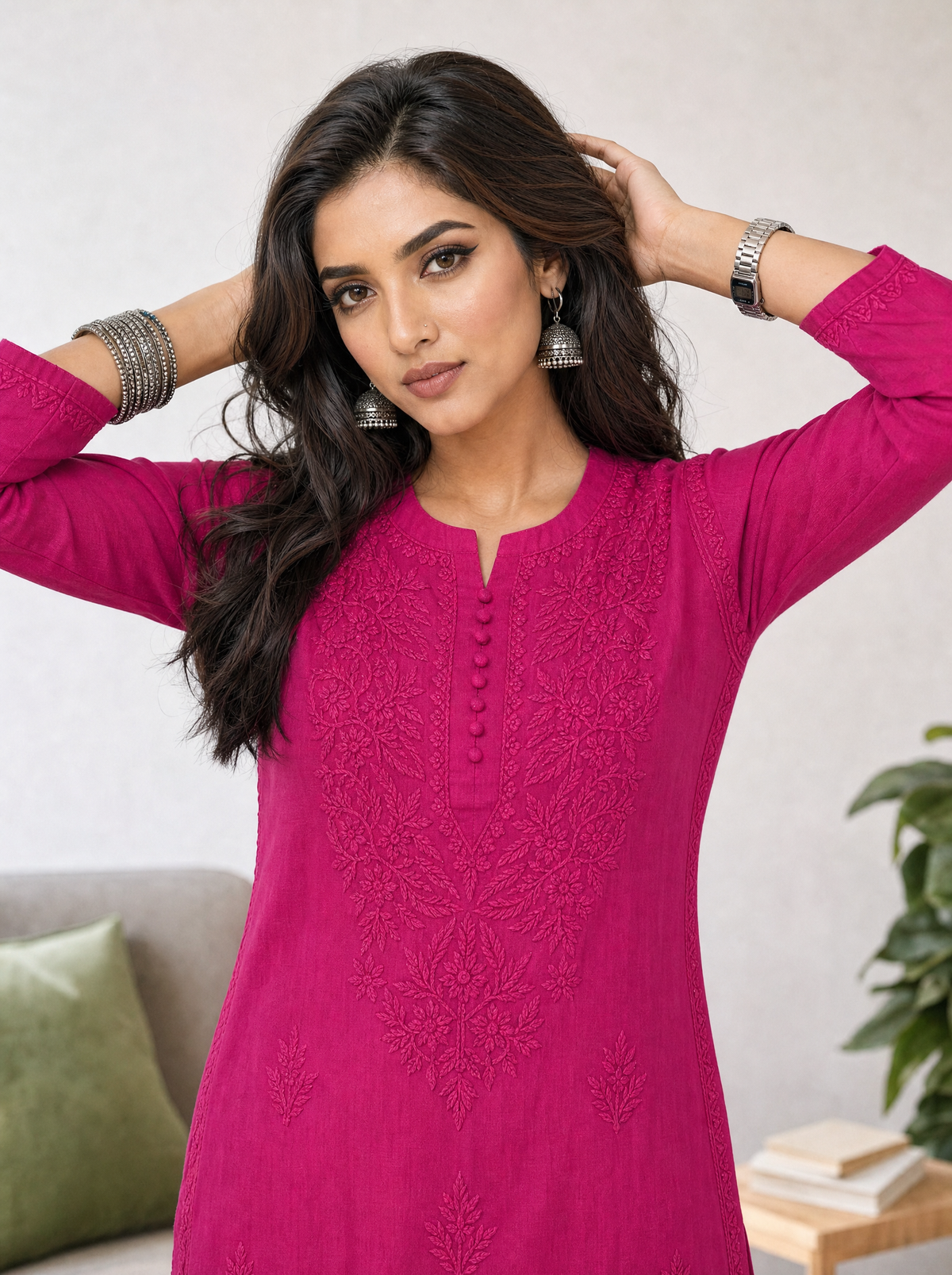 Aachhri Muslin Chikankari Women's Long Kurta - Magenta - front zoom