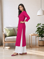 Aachhri Muslin Chikankari Women's Long Kurta - Magenta - side full 2