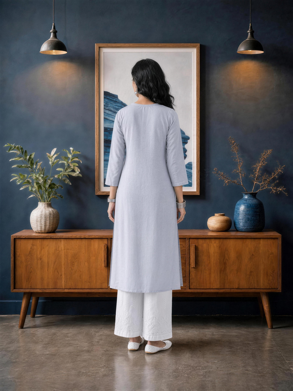 Aachhri Rayon Chikankari Women's Long Kurta - Powder Grey - back full 2