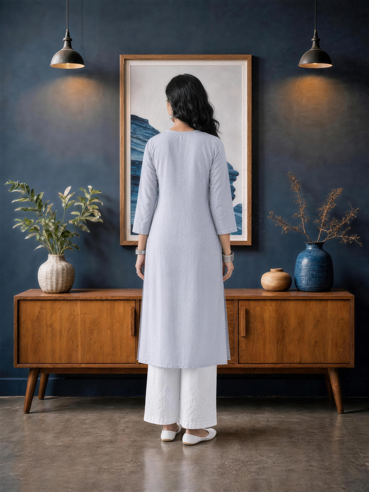 Aachhri Rayon Chikankari Women's Long Kurta - Powder Grey - back full 2