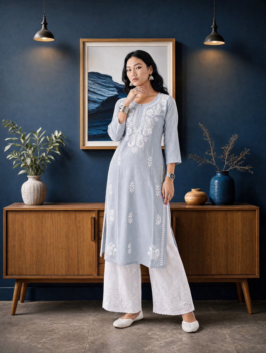 Aachhri Rayon Chikankari Women's Long Kurta - Powder Grey - front full