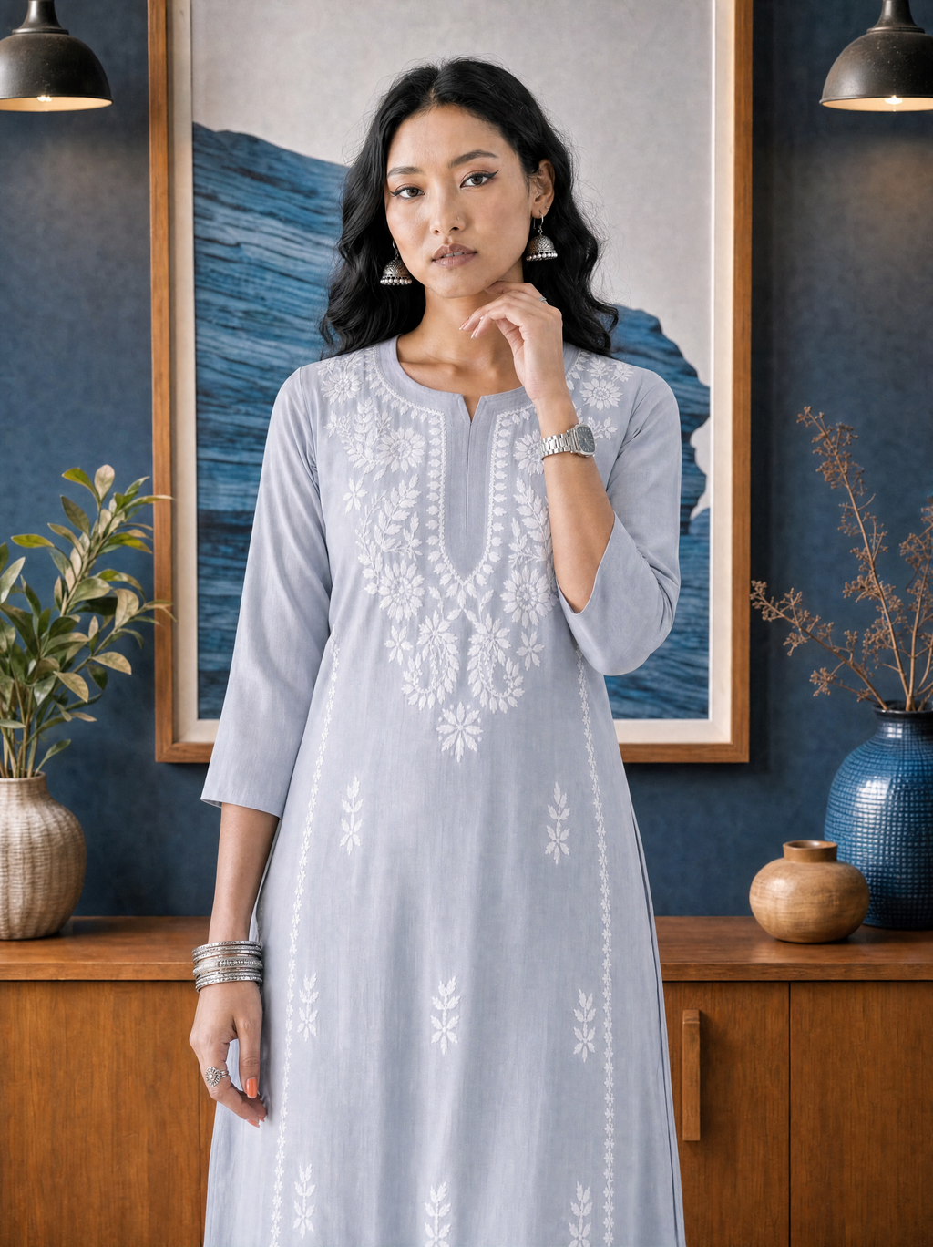 Aachhri Rayon Chikankari Women's Long Kurta - Powder Grey - front zoom
