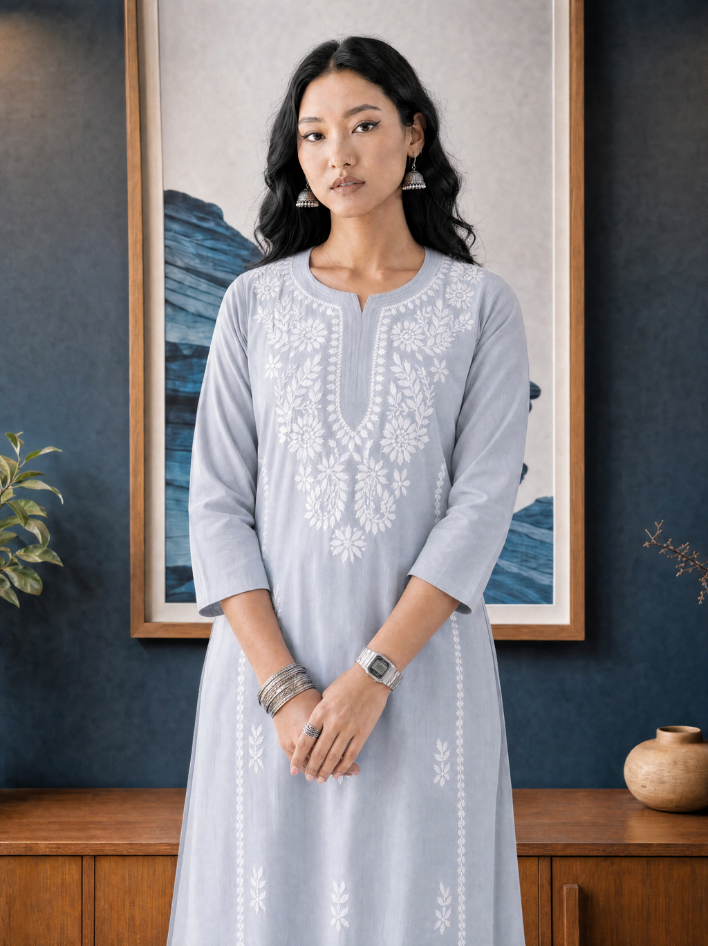 Aachhri Rayon Chikankari Women's Long Kurta - Powder Grey - front zoom 2