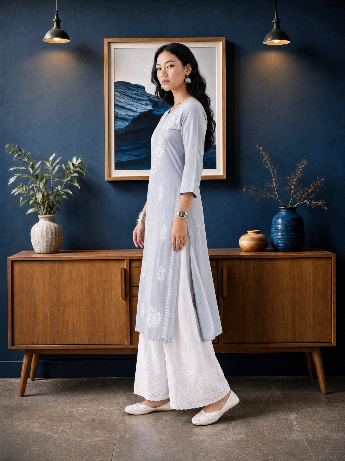 Aachhri Rayon Chikankari Women's Long Kurta - Powder Grey - side full