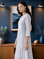 Aachhri Rayon Chikankari Women's Long Kurta - Powder Grey - side zoom