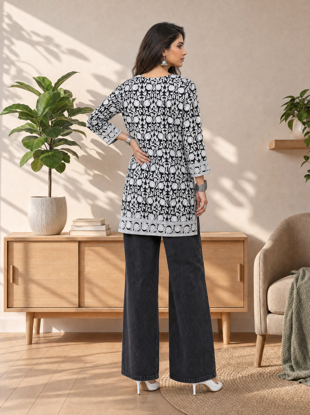 Aachhri Cotton Chikankari Women's Short Kurta - Black & White - back full