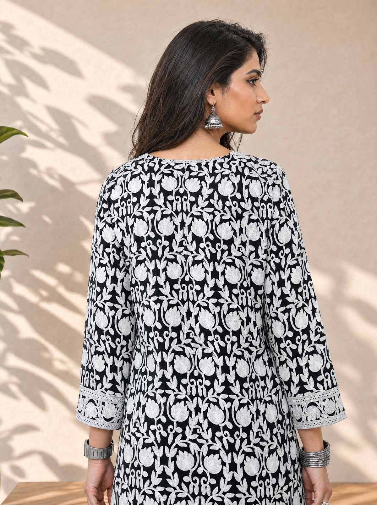 Aachhri Cotton Chikankari Women's Short Kurta - Black & White - back zoom