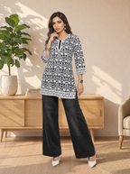 Aachhri Cotton Chikankari Women's Short Kurta - Black & White - front full