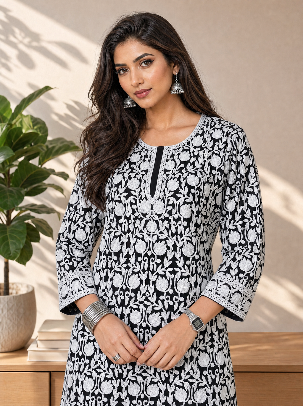 Aachhri Cotton Chikankari Women's Short Kurta - Black & White - front zoom