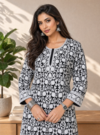 Aachhri Cotton Chikankari Women's Short Kurta - Black & White - front zoom