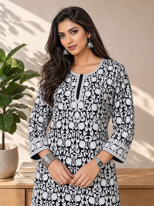 Aachhri Cotton Chikankari Women's Short Kurta - Black & White - front zoom